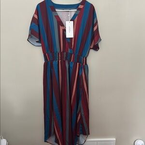 Bloomchic Short Sleeved Striped Multicolor V-Neck Dress